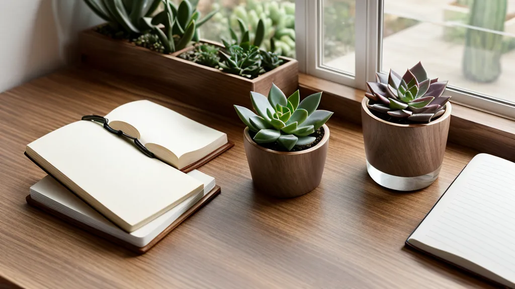 Bureau de travail ordonné avec un verre d'eau et une plante verte