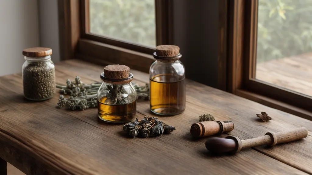 Poudre de racine d'ashwagandha et flacon de complément alimentaire en verre ambré sur une table en bois