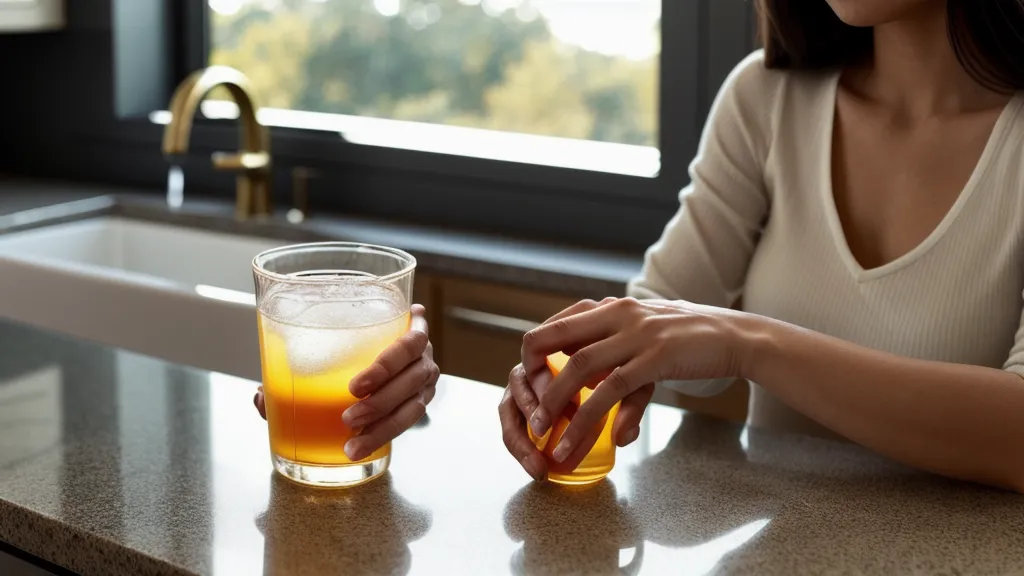 Mains tenant une gélule d'ashwagandha et un verre d'eau, rituel du soir pour calmer le stress