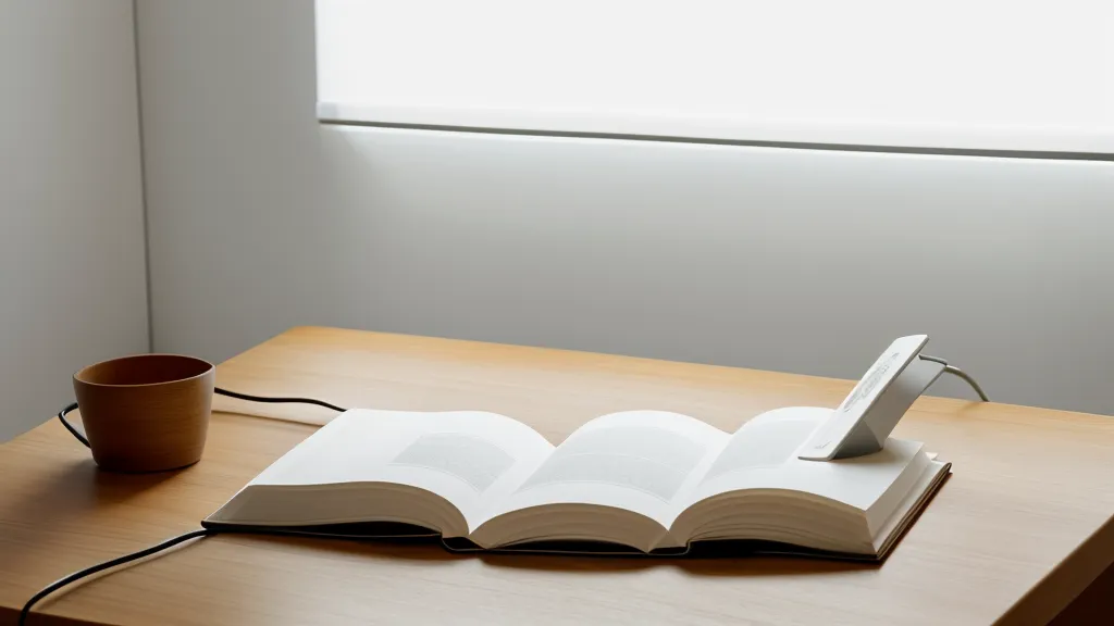 Détail d'une lampe de luminothérapie posée sur un bureau en bois