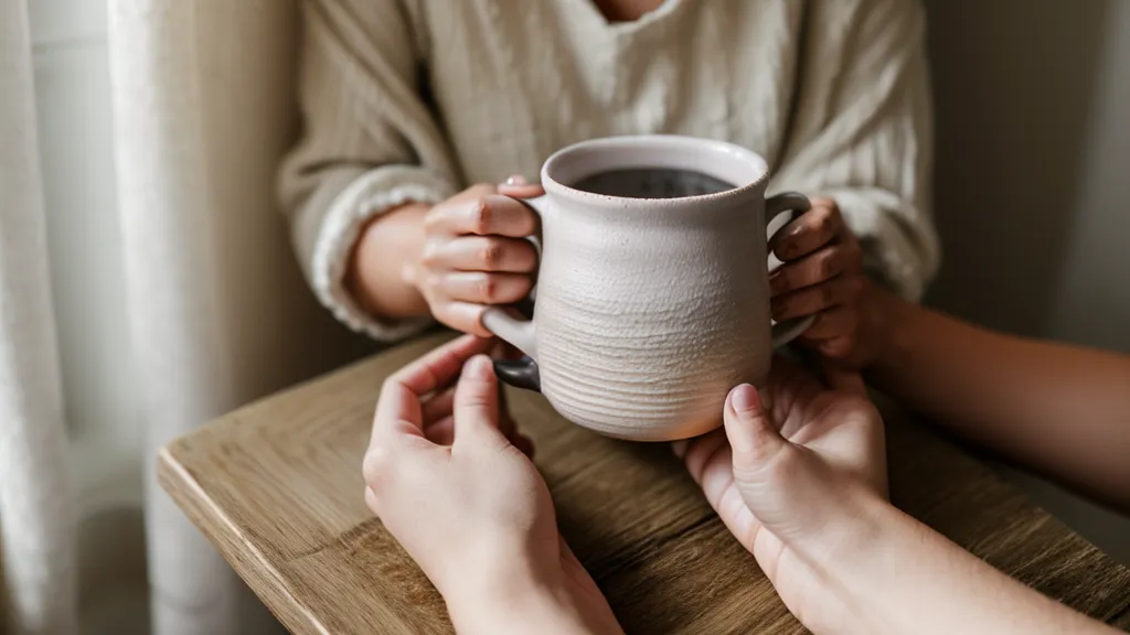 Mains tenant une tasse chaude pendant une routine matinale de bien-être