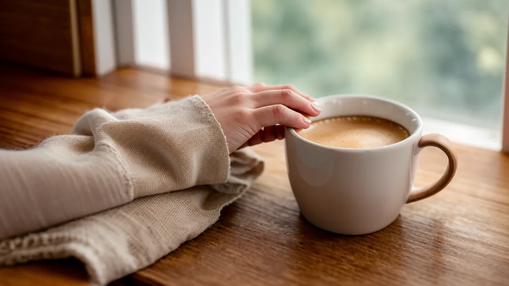 Gros plan d'une main posée sur un bureau à côté d'une tasse de café
