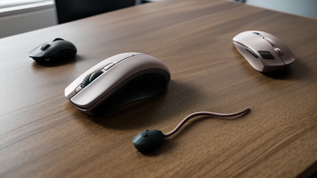 Une souris ergonomique verticale posée sur un bureau en bois clair