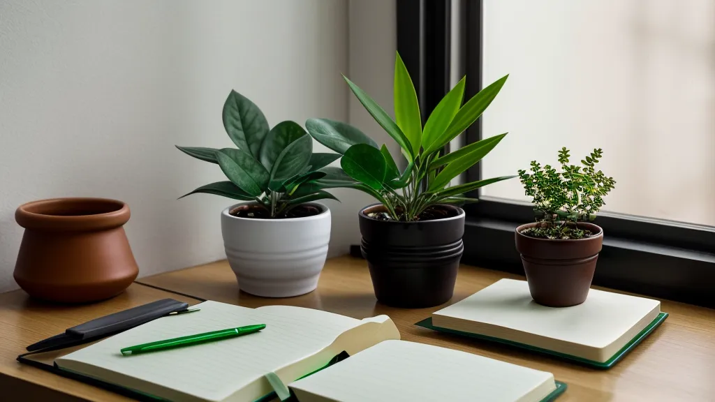 Un carnet ouvert et une petite plante verte sur un bureau ordonné