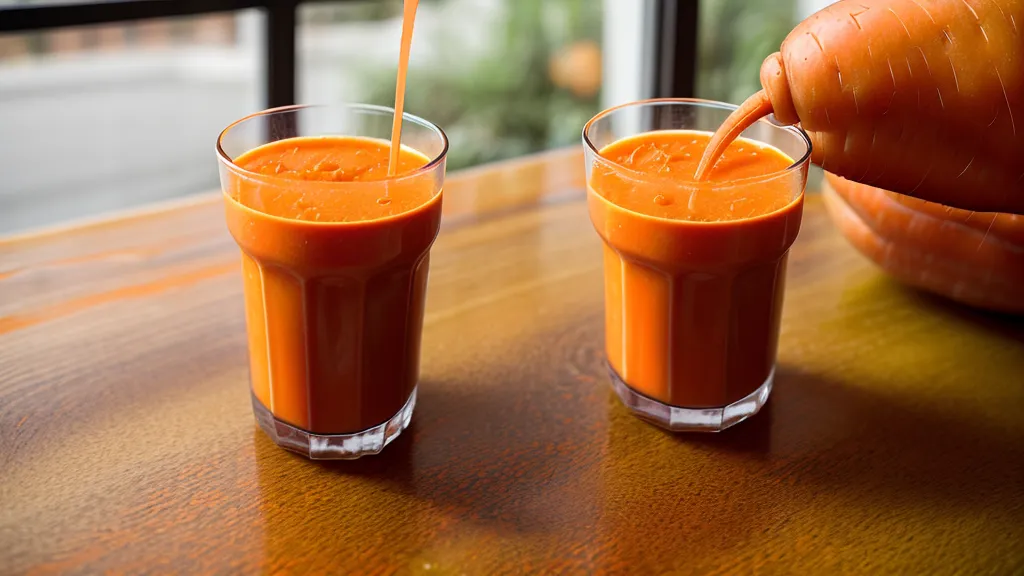 Gros plan sur un jus de carotte frais et coloré versé dans un verre