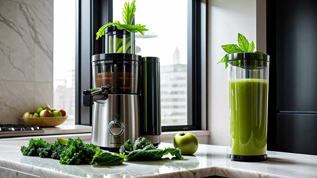 Extracteur de jus vertical compact sur un plan de travail avec des fruits