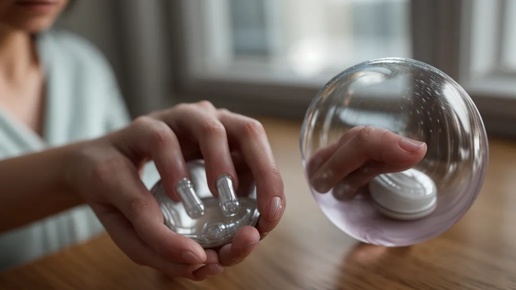 Gros plan de gélules de magnésium bisglycinate dans la main d'une femme au bureau.