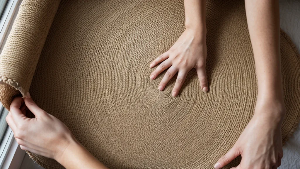 Main testant la fermeté d'un tapis d'acupression en fibres naturelles avant achat