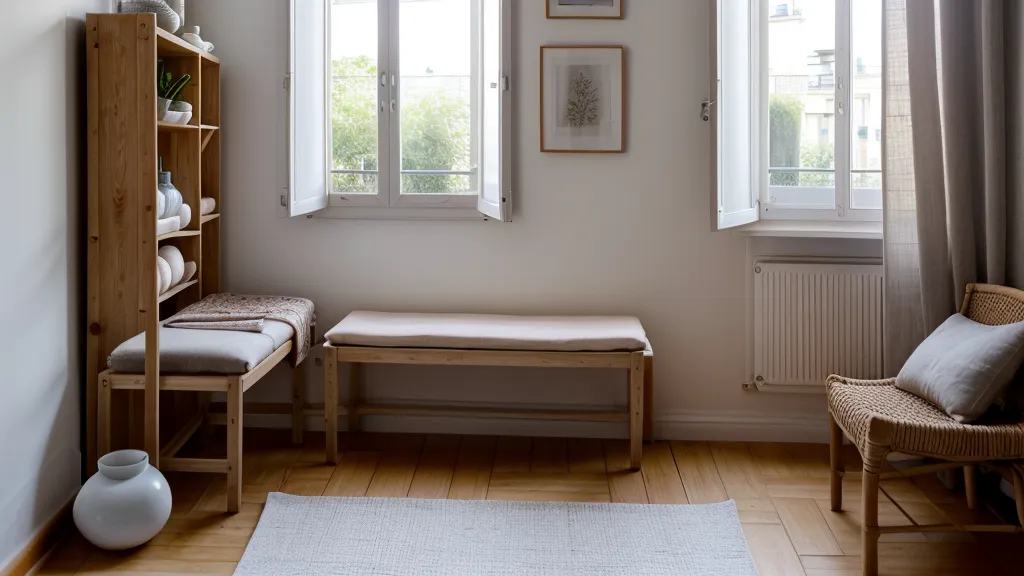 Coin détente avec tapis d'acupression déroulé et tasse de thé posée à côté