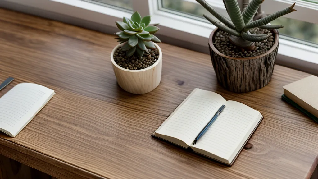 Bureau organisé avec carnet et plante sous une lumière matinale apaisante