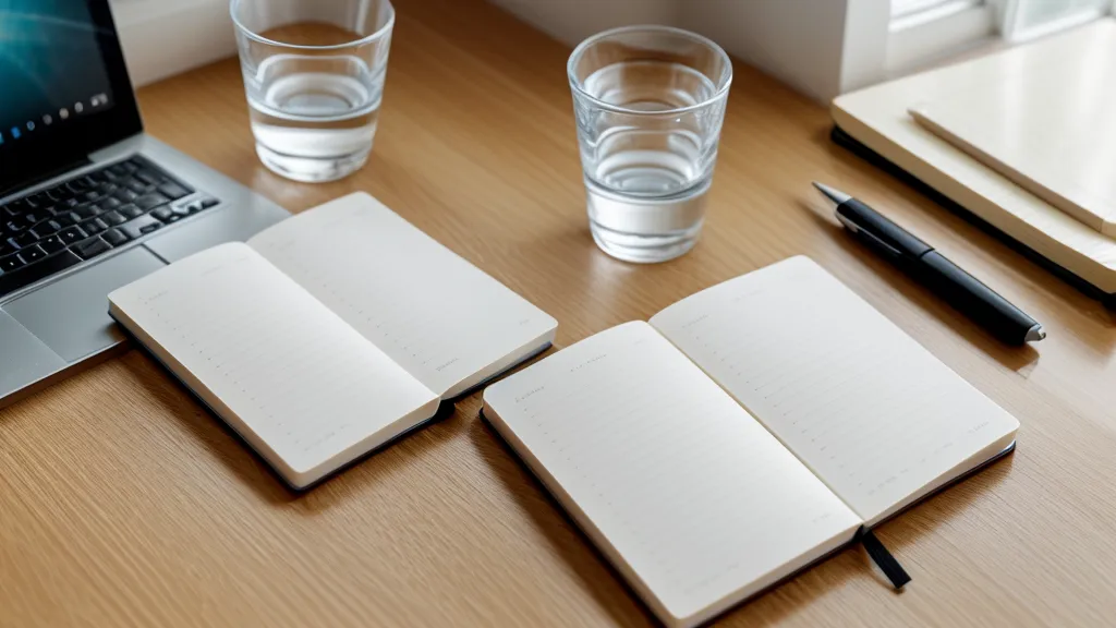 Carnet de bord et verre d'eau pour suivre ses nouvelles habitudes bien-être.