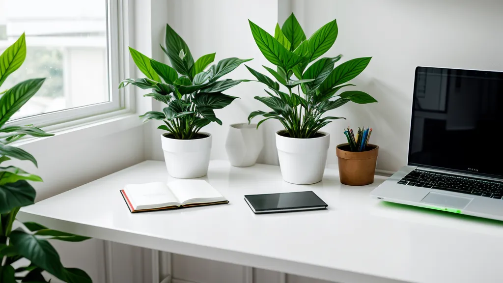 Un espace de travail épuré et lumineux avec une plante verte et un carnet