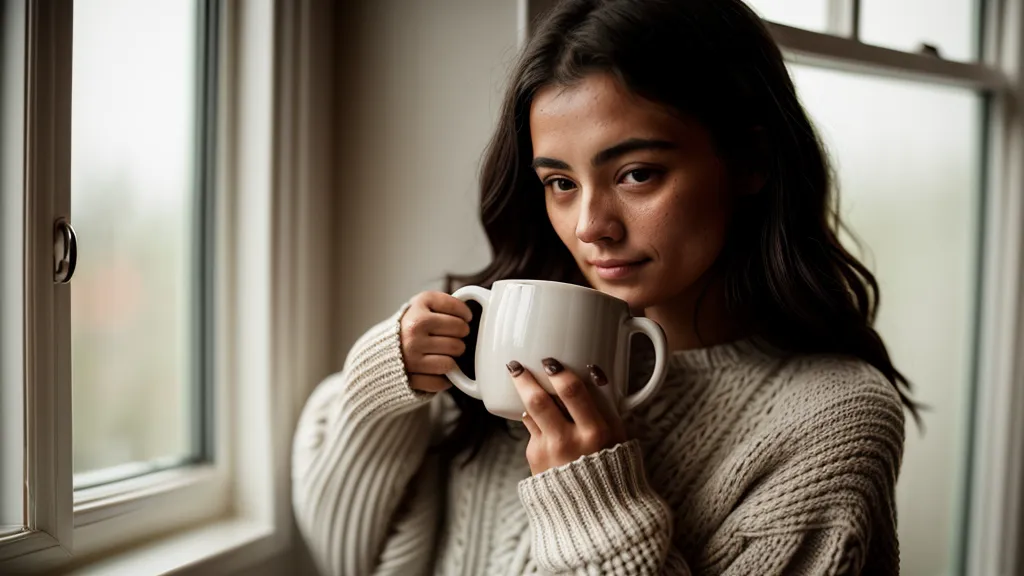 Mains tenant une tasse chaude devant une fenêtre par temps de pluie