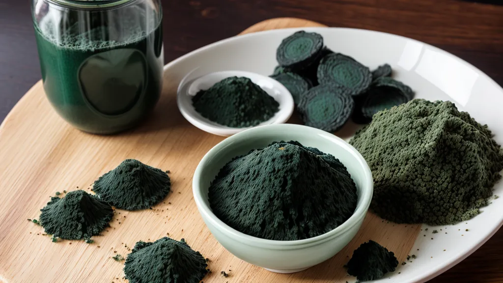 Comprimés de spiruline pure présentés dans une coupelle en céramique