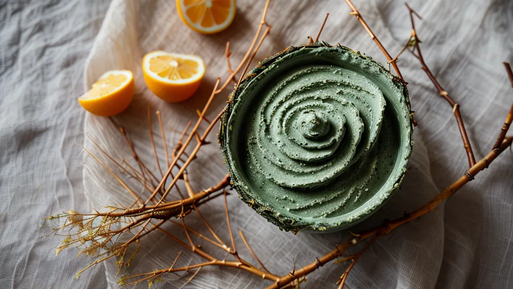 Brindilles de spiruline artisanale séchées à basse température à côté d'un quartier d'orange