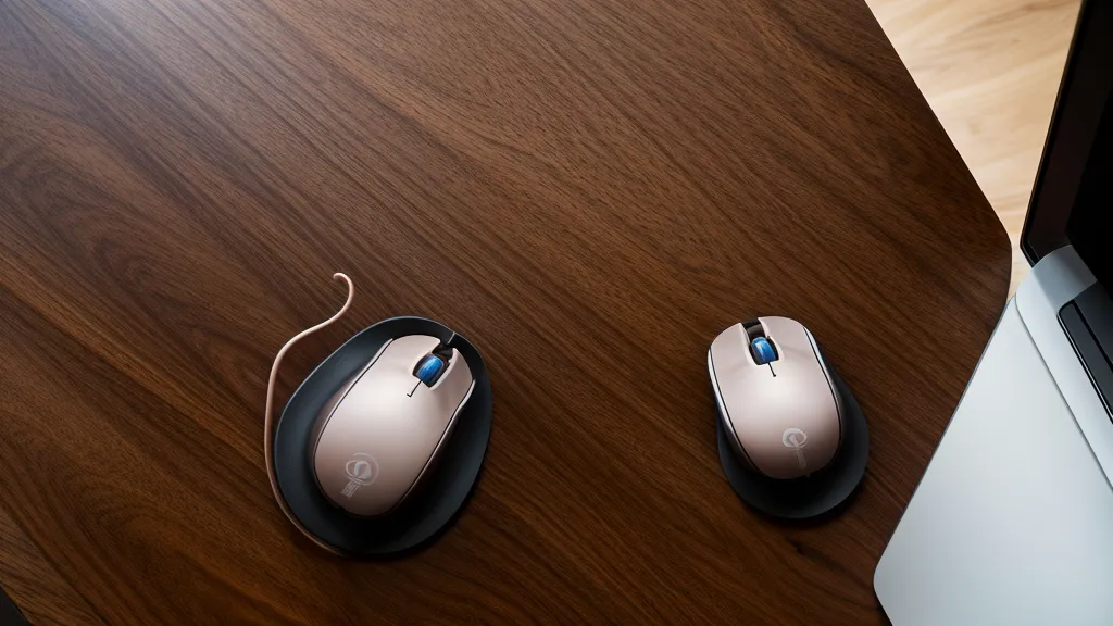 Une souris ergonomique verticale posée sur un bureau en bois à côté d'une tasse