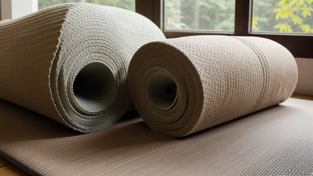 Gros plan d'un tapis de yoga poussiéreux contre une porte