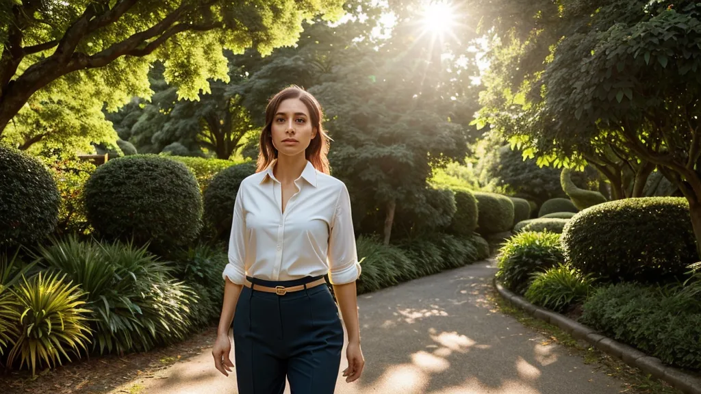 Femme marchant calmement à l'extérieur pendant sa pause déjeuner